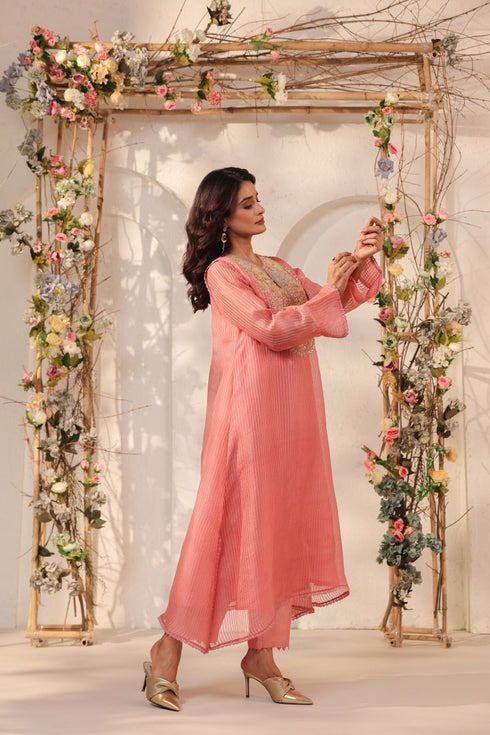 Vaayu pink applique yoke kurta set