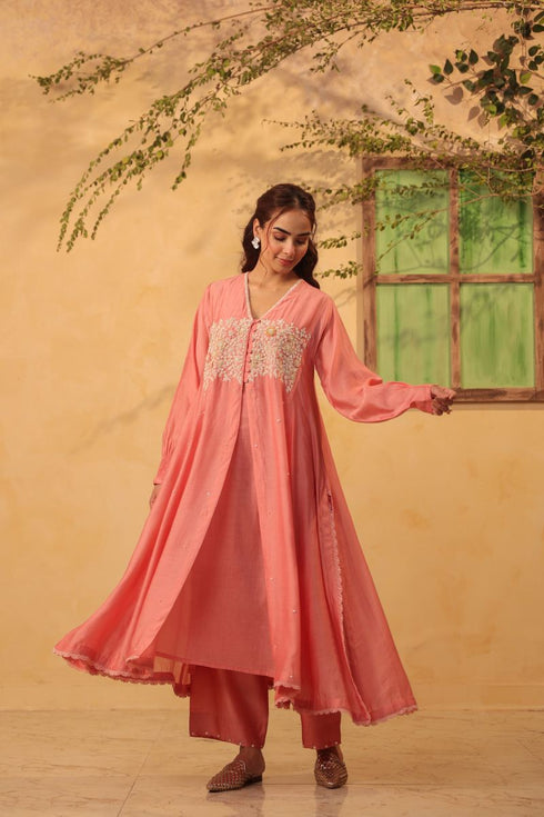 Vaayu pink jacket style kurta set