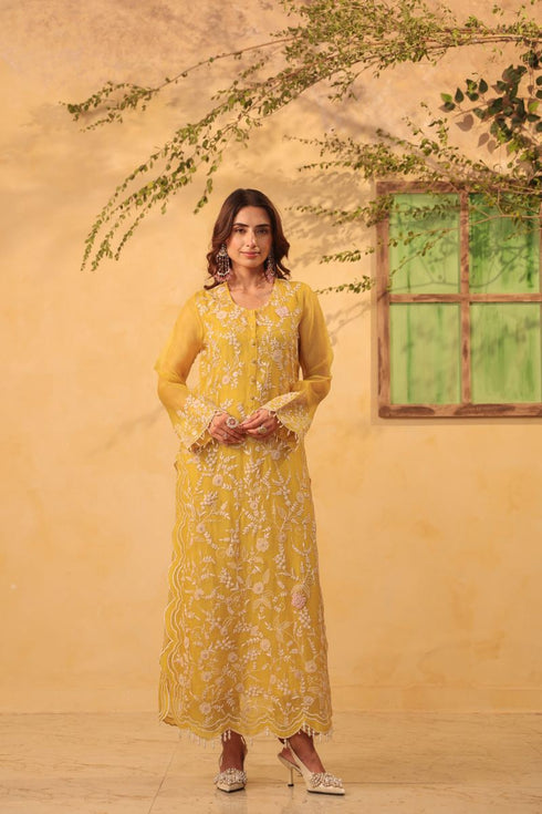 Vaayu yellow heavy jaal scallop kurta set