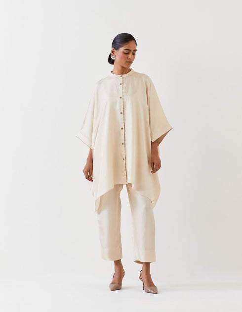 Varna champagne silk hand embroidered shirt tunic with trousers