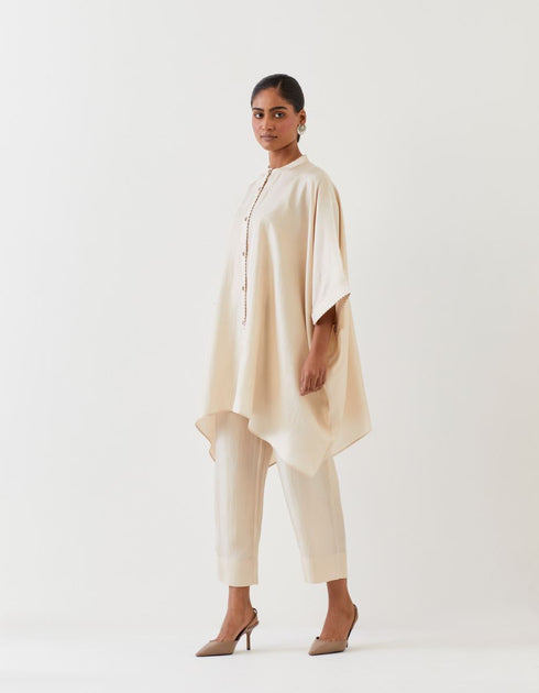 Varna champagne silk hand embroidered shirt tunic with trousers