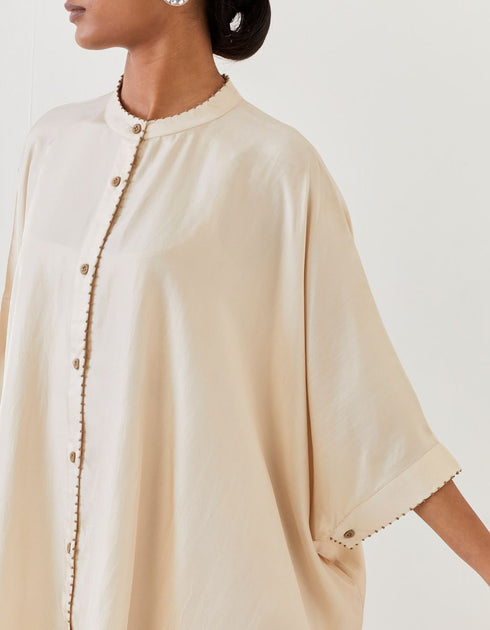 Varna champagne silk hand embroidered shirt tunic with trousers