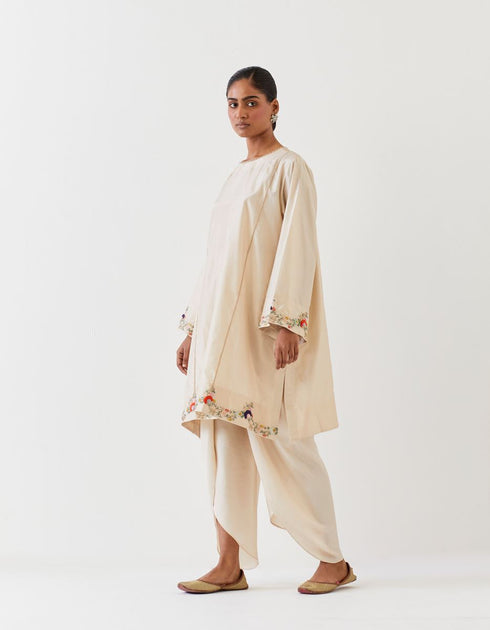 Varna champagne silk hand embroidered tunic with trousers