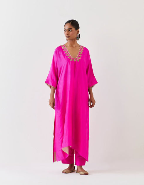 Varna fuchsia silk hand embroidered tunic and trouser set