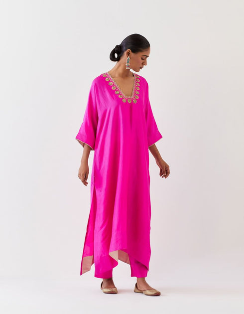 Varna fuchsia silk hand embroidered tunic and trouser set