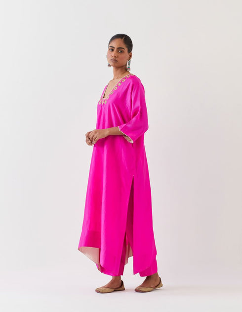 Varna fuchsia silk hand embroidered tunic and trouser set