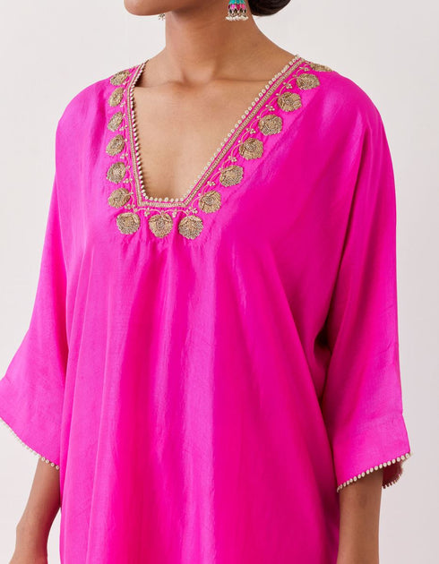 Varna fuchsia silk hand embroidered tunic and trouser set