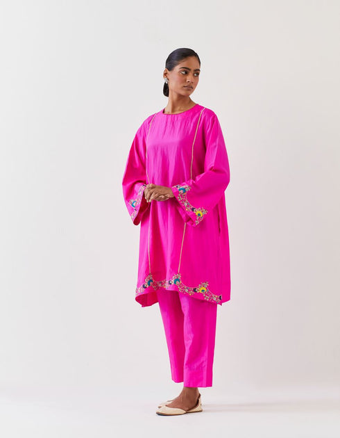 Varna fuchsia silk hand embroidered tunic with trousers