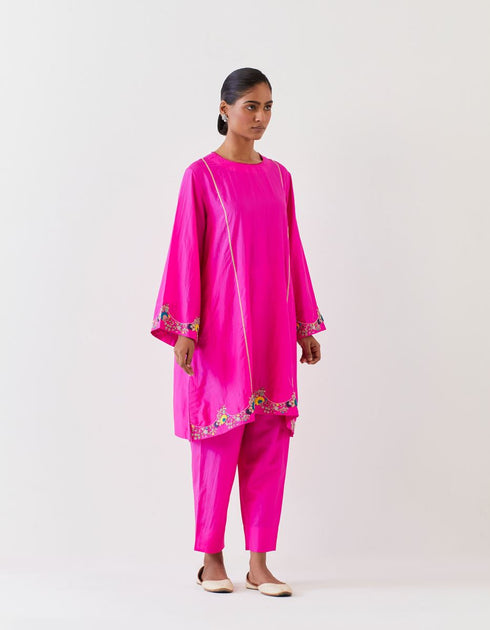 Varna fuchsia silk hand embroidered tunic with trousers