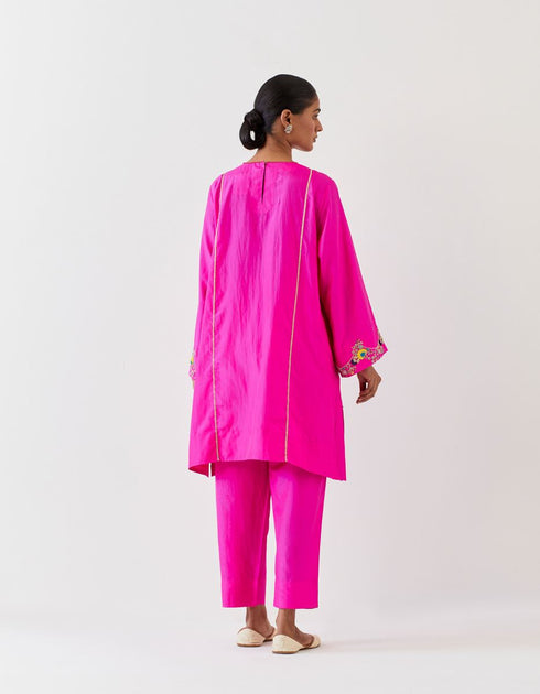 Varna fuchsia silk hand embroidered tunic with trousers