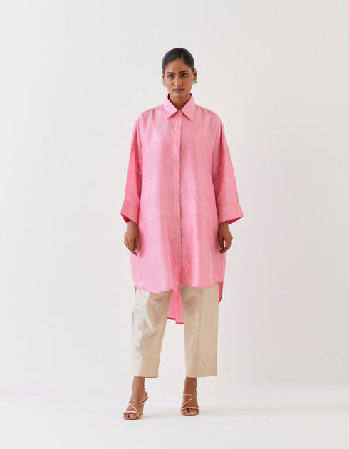 Varna light pink and champagne silk hand embroidered shirt tunic with trousers