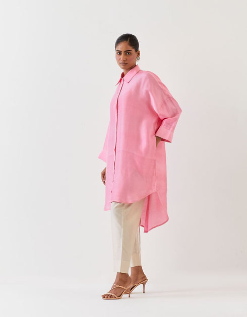 Varna light pink and champagne silk hand embroidered shirt tunic with trousers
