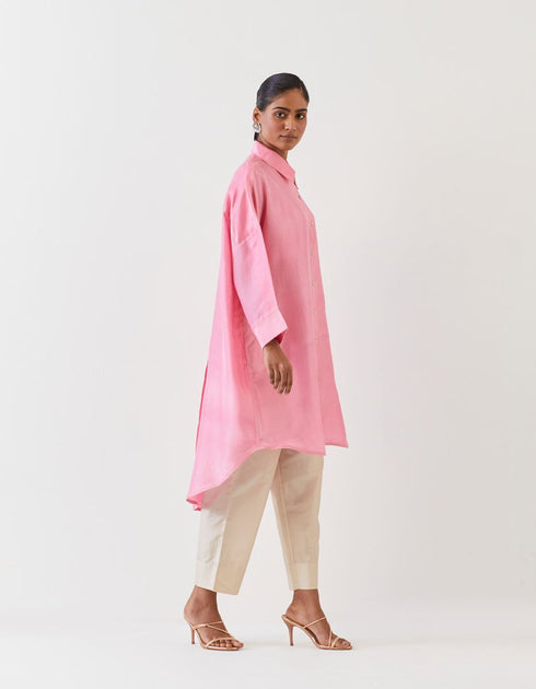 Varna light pink and champagne silk hand embroidered shirt tunic with trousers