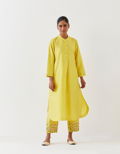 Varna lime green hand embroidered silk tunic with trousers