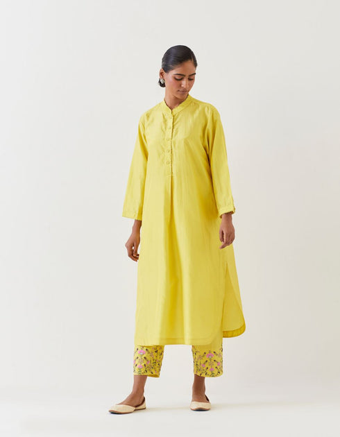Varna lime green hand embroidered silk tunic with trousers
