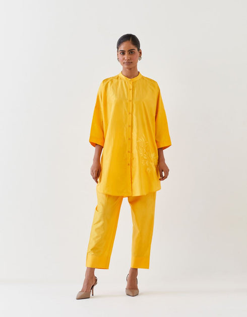 Varna mango yellow embroidered silk tunic with trousers