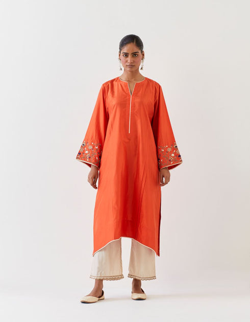 Varna rust orange and champagne hand embroidered tunic and trouser set