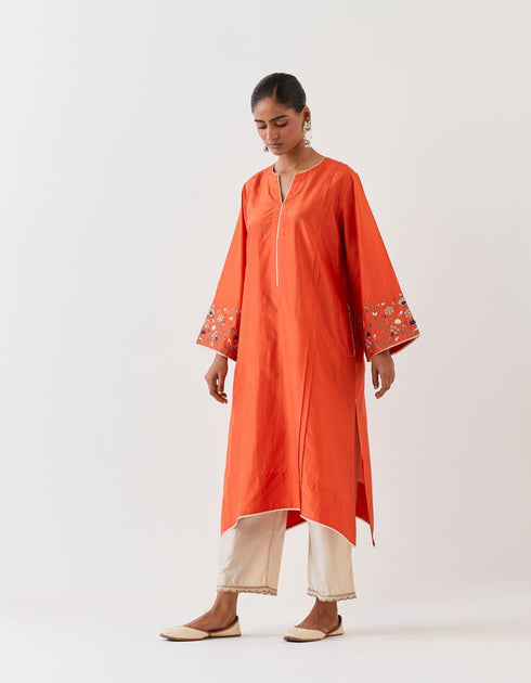 Varna rust orange and champagne hand embroidered tunic and trouser set