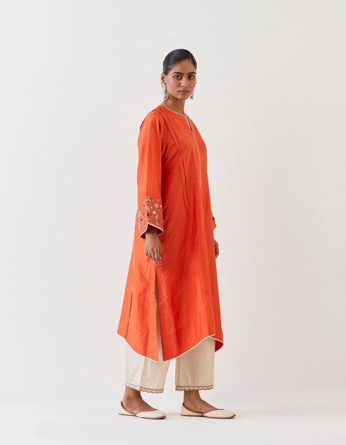 Varna rust orange and champagne hand embroidered tunic and trouser set