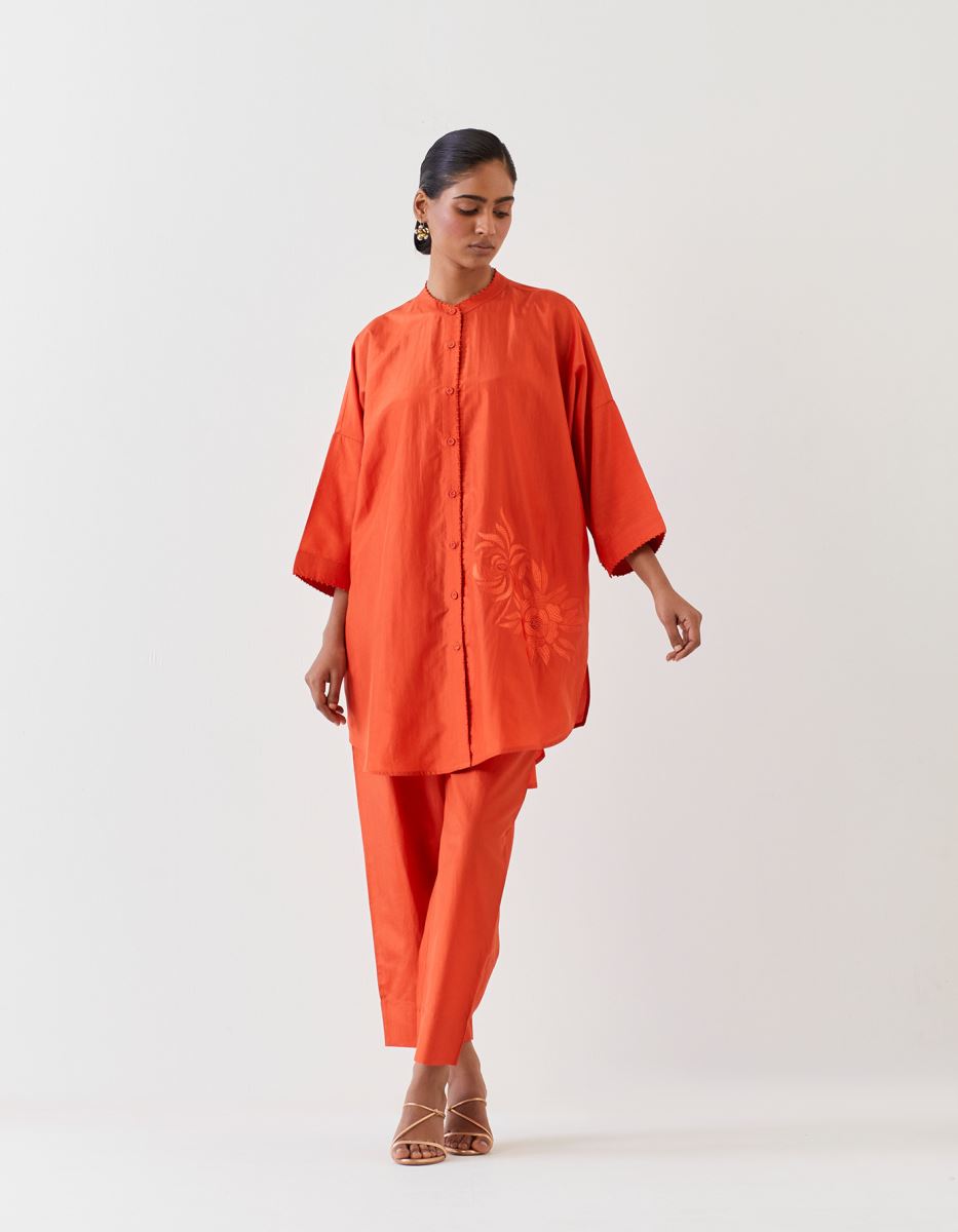 Buy - Varna Rust Orange Embroidered Silk Tunic With Trousers 