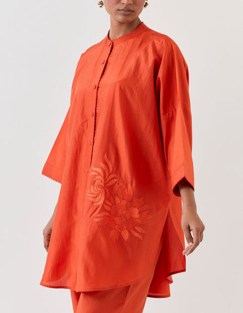Varna rust orange embroidered silk tunic with trousers
