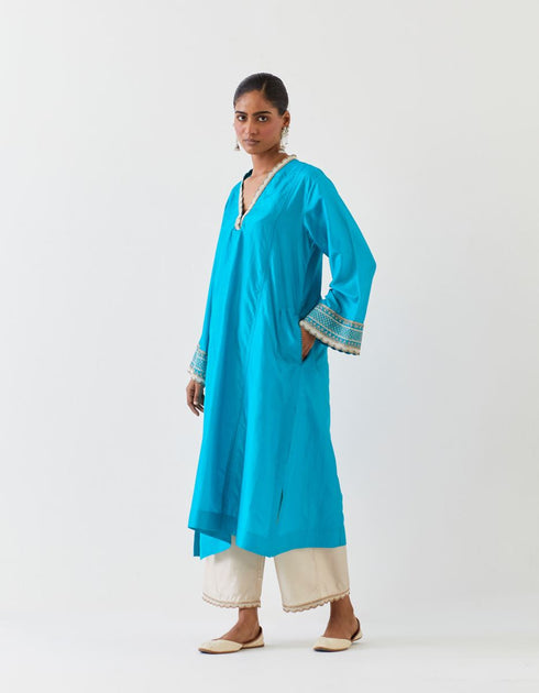 Varna turquoise blue and champagne hand embroidered tunic and trouser set