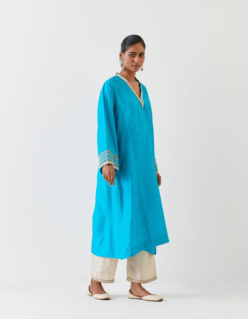 Varna turquoise blue and champagne hand embroidered tunic and trouser set