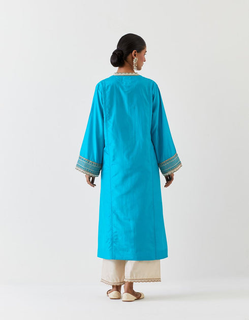 Varna turquoise blue and champagne hand embroidered tunic and trouser set