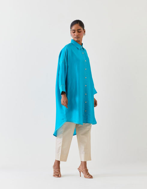 Varna turquoise blue and champagne silk hand embroidered shirt tunic with trousers