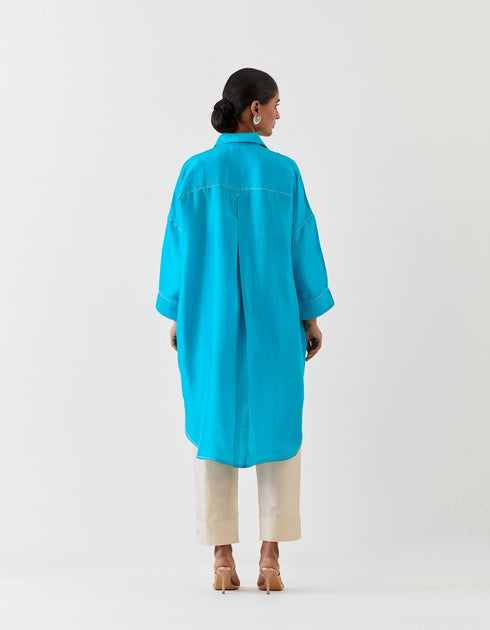 Varna turquoise blue and champagne silk hand embroidered shirt tunic with trousers