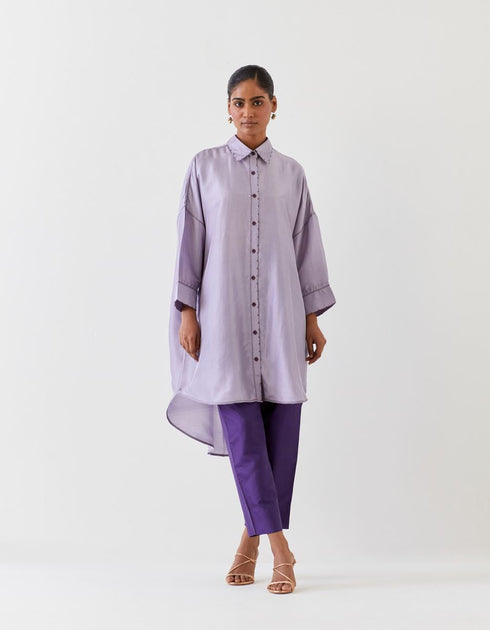 Varna violet and grape hand embroidered silk high-low shirt tunic with trousers