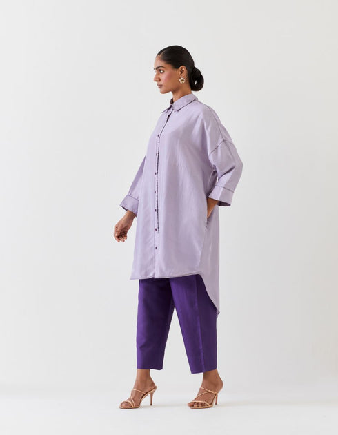 Varna violet and grape hand embroidered silk high-low shirt tunic with trousers