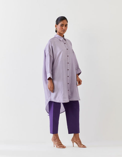 Varna violet and grape hand embroidered silk high-low shirt tunic with trousers