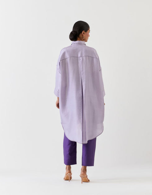 Varna violet and grape hand embroidered silk high-low shirt tunic with trousers