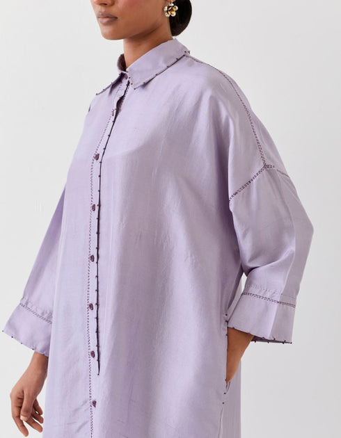 Varna violet and grape hand embroidered silk high-low shirt tunic with trousers