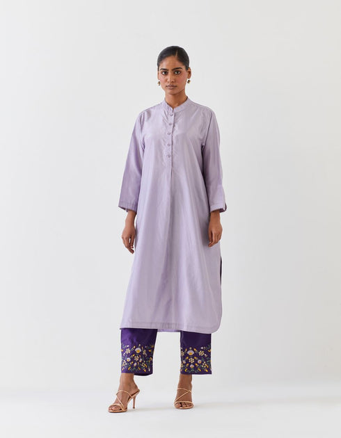 Varna violet and grape hand embroidered silk shirt style long tunic with trousers