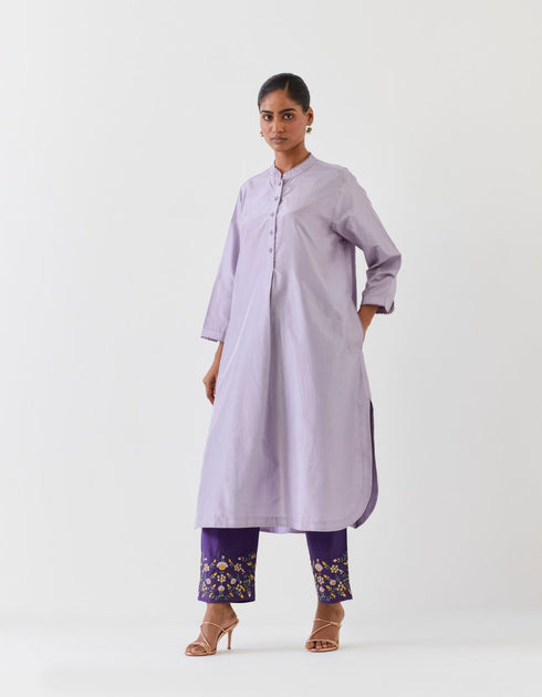 Varna violet and grape hand embroidered silk shirt style long tunic with trousers