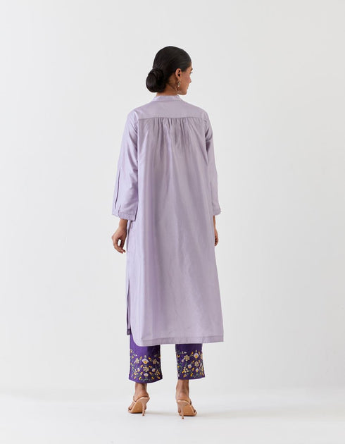 Varna violet and grape hand embroidered silk shirt style long tunic with trousers