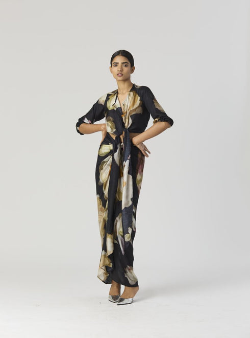 Viva fiori black front tie up top and skirt set