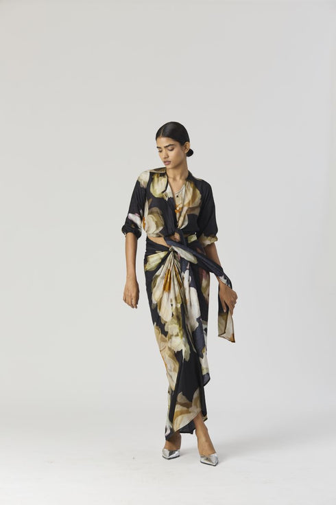 Viva fiori black front tie up top and skirt set