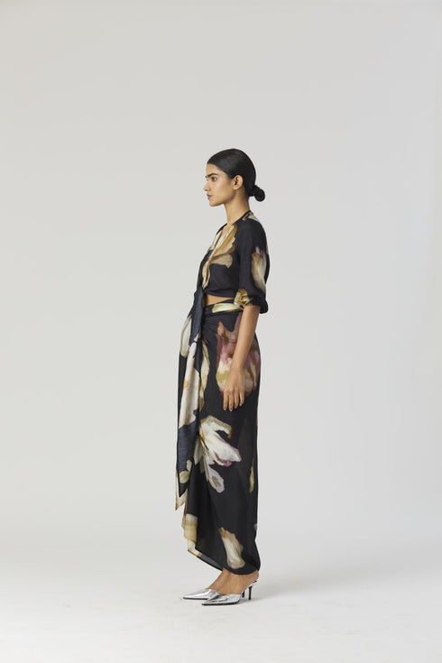 Viva fiori black front tie up top and skirt set