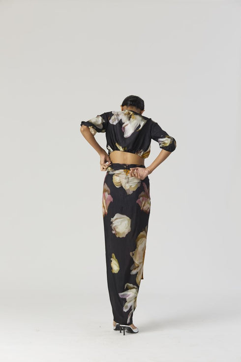 Viva fiori black front tie up top and skirt set