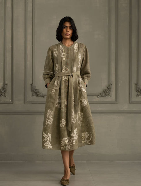 Wabi reverie sage green discharge print dress
