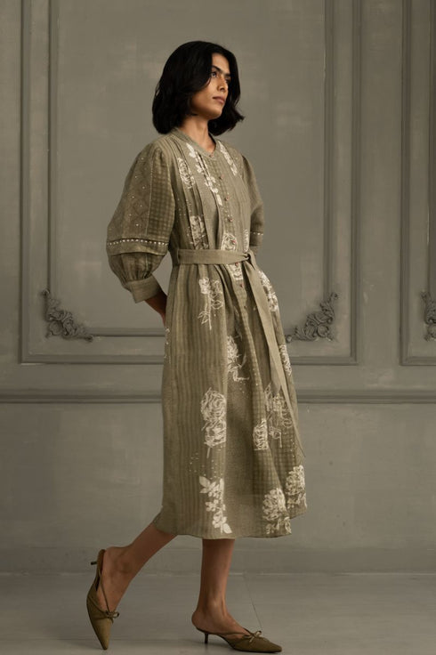 Wabi reverie sage green discharge print dress