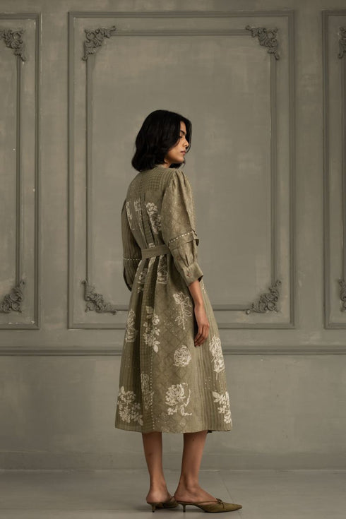 Wabi reverie sage green discharge print dress