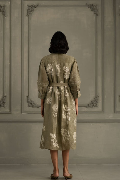 Wabi reverie sage green discharge print dress