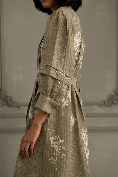 Wabi reverie sage green discharge print dress