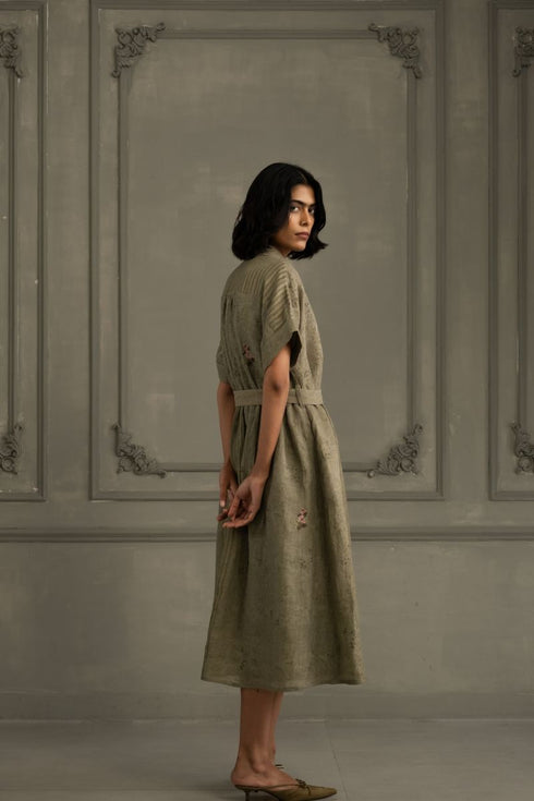 Wabi reverie sage green gauze linen dress
