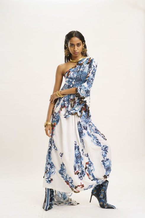 White and blue one shoulder top with lungi skirt