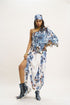 White and blue one shoulder top with lungi skirt